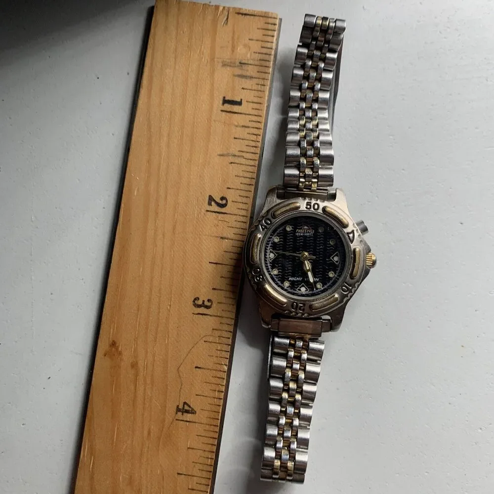 Women's Freestyle Watch Dual Tone Silver Gold Bracelet Watch Black Dial